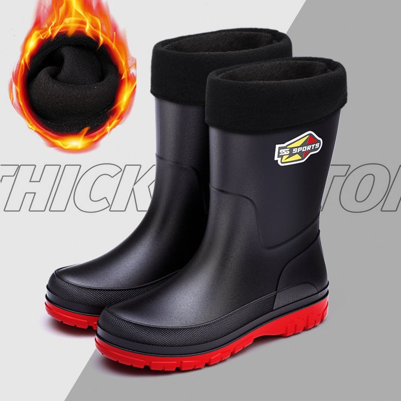 Medium And Short Tube 25 High Rain Boots Black And Red Men'S Rain Boots Environmentally Friendly Large Size 39-48 Wading Rubber Shoes Non-Slip Fishing Boots - Image 1